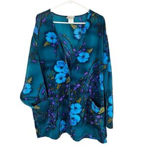Retro Floral Watercolor Cardigan Blue XL Boho Indie Folk Cottage Regency Coastal
